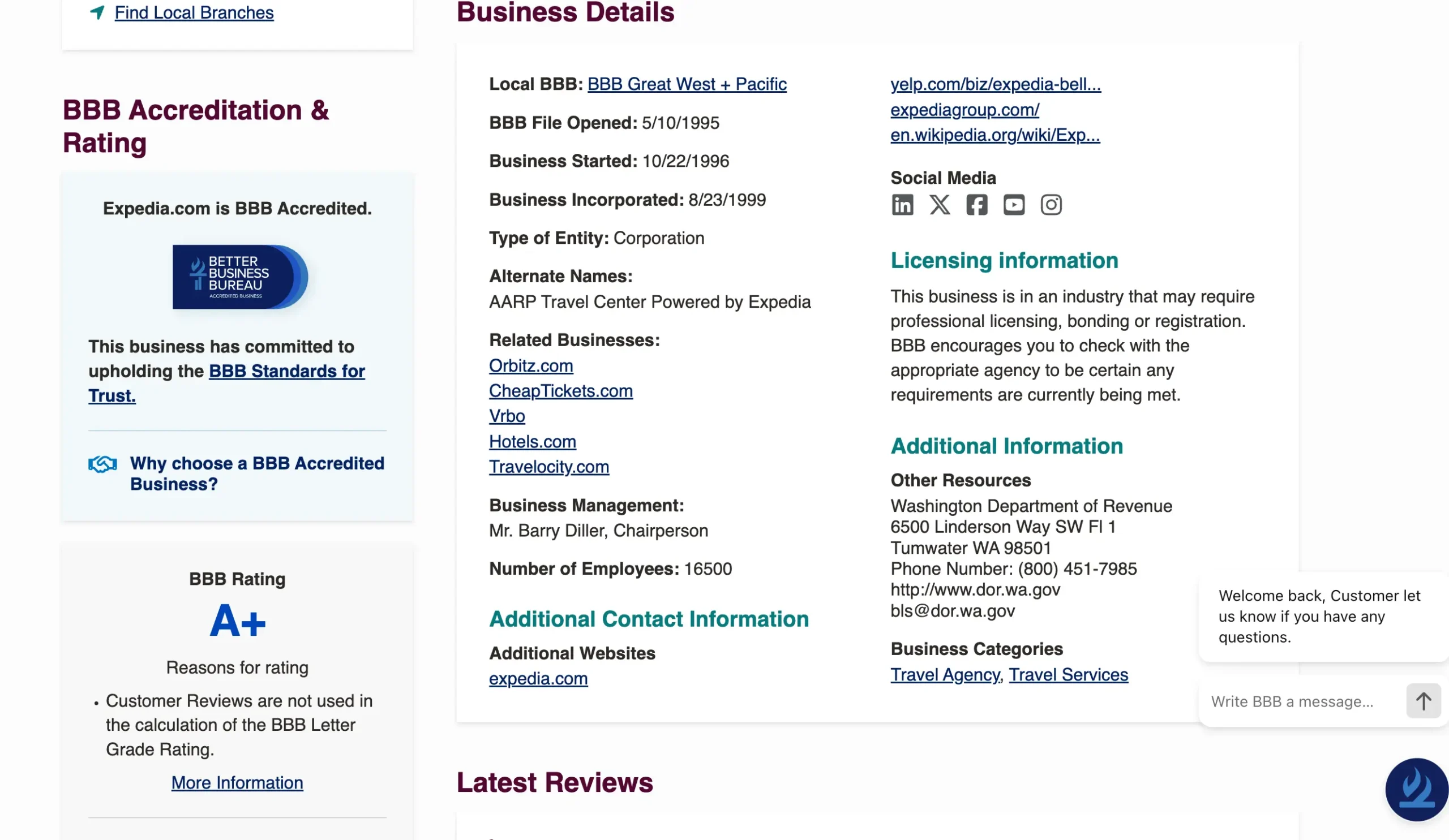 Is Expedia Legit? My Honest 2026 Review & Testing (Solo Traveler) 4 Expedia’s Better Business Bureau profile showing an A+ rating, accreditation status, and official business details to verify legitimacy.