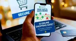 A person holding a smartphone showing a safety guide titled "Is Online Shopping Safe?" with the CouponFYI logo.