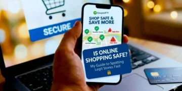 A person holding a smartphone showing a safety guide titled "Is Online Shopping Safe?" with the CouponFYI logo.