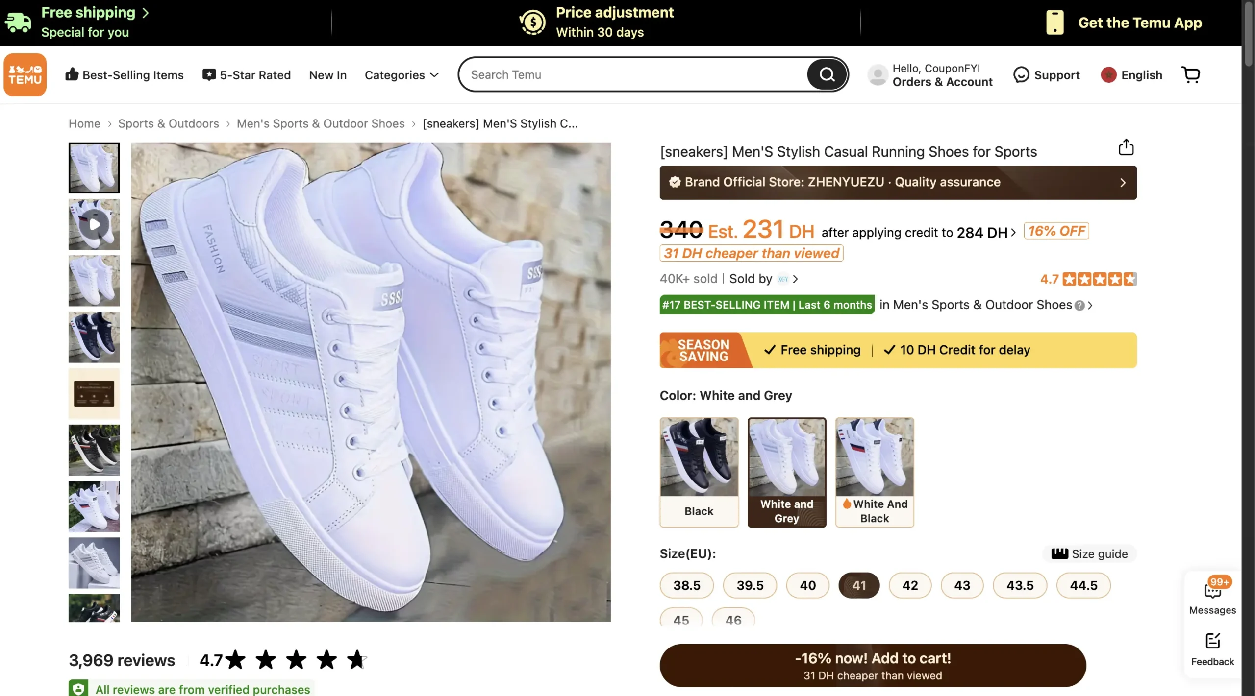 Temu sneakers page showing 4.7 stars, 40K+ sold, 16% off discount, and security badges
