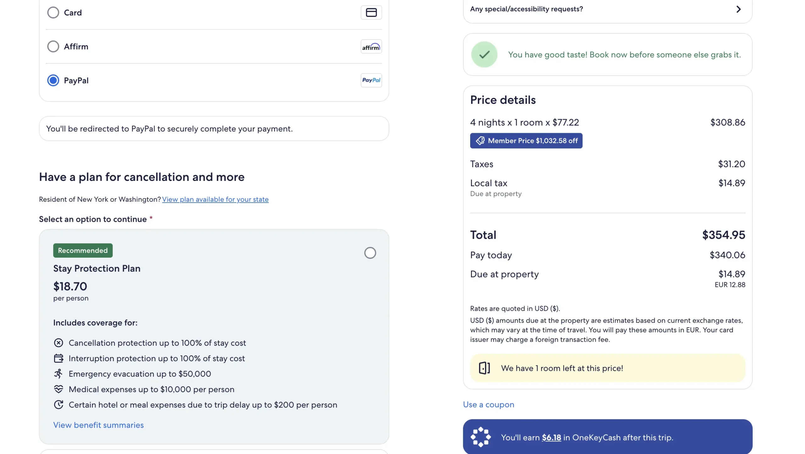 Is Expedia Legit? My Honest 2026 Review & Testing (Solo Traveler) 3 Expedia secure checkout page before coupon applied showing $354.95 total, PayPal selected, Stay Protection Plan at $18.70, “Use a coupon” link, and “You’ll earn $6.18 in OneKeyCash after this trip” banner