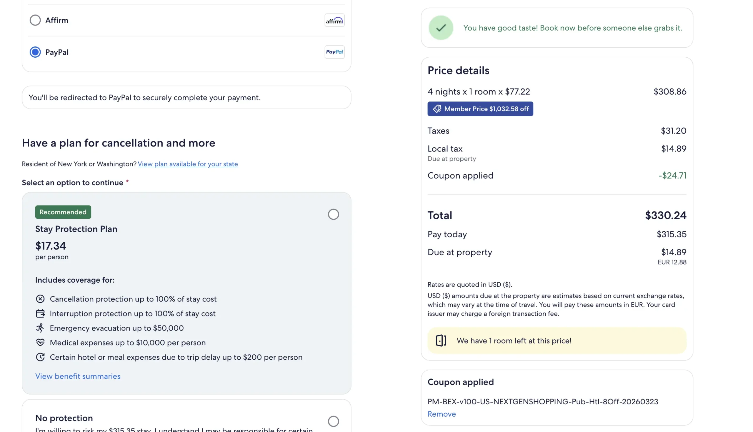 Is Expedia Legit? My Honest 2026 Review & Testing (Solo Traveler) 5 Expedia secure checkout page after coupon applied showing $24.71 discount, updated total $330.24, PayPal selected, Stay Protection Plan option, and “We have 1 room left at this price!” urgency message
