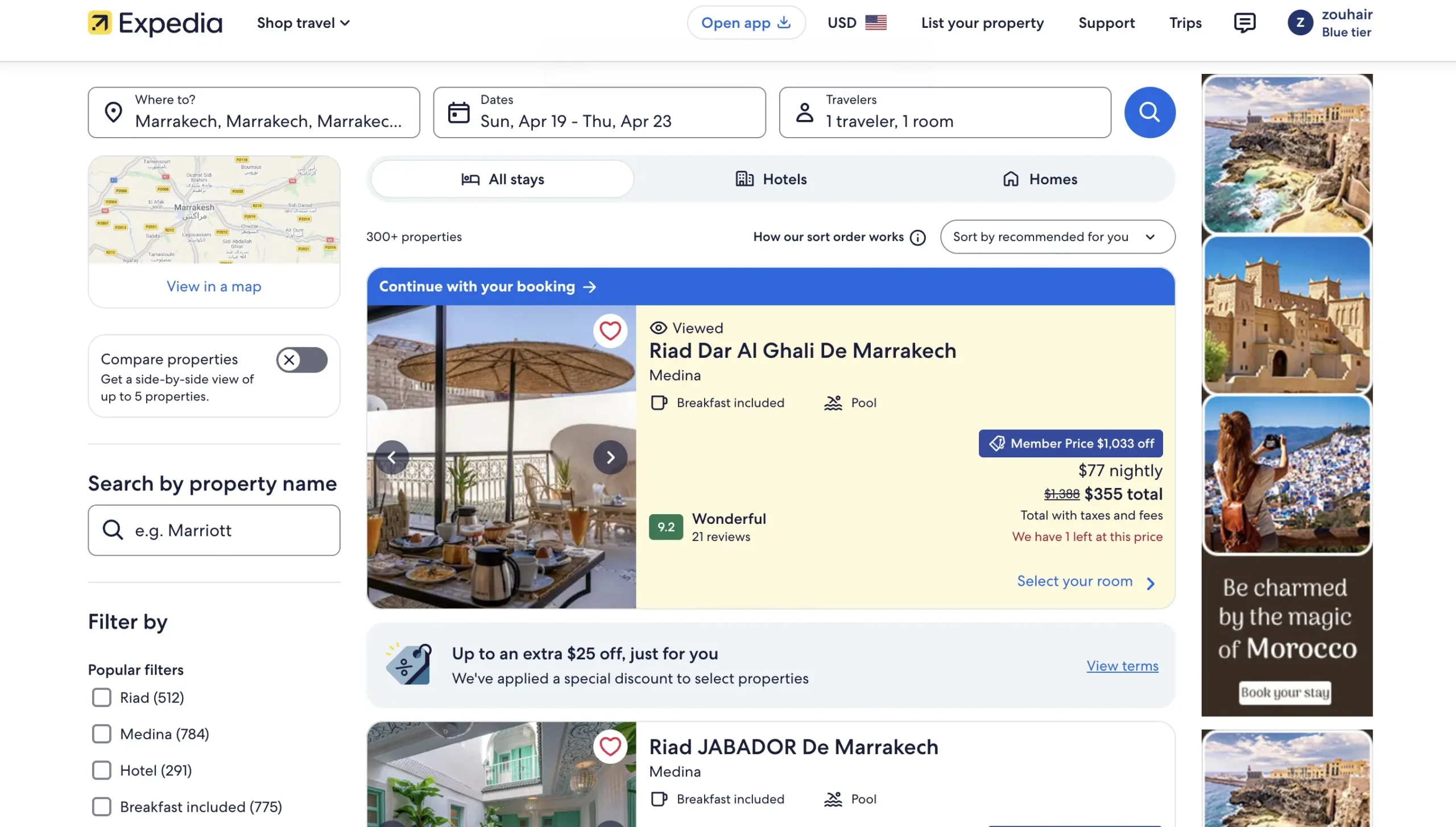 Is Expedia Legit? My Honest 2026 Review & Testing (Solo Traveler) 2 Expedia hotel search results page for Marrakech, Morocco, showing Riad Dar Al Ghali with a 9.2 rating, price transparency, and map view for solo travelers.