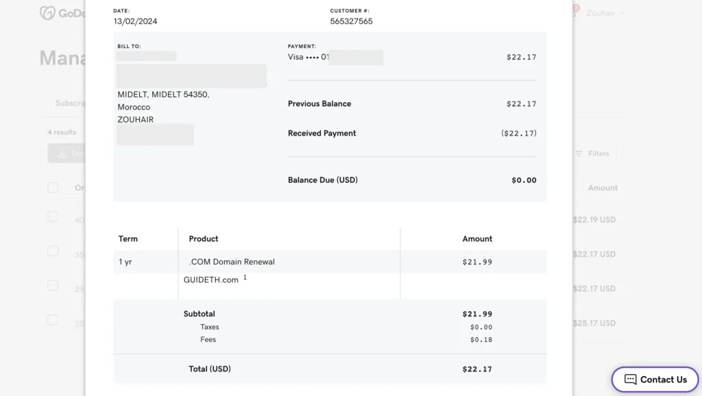 GoDaddy invoice for the yearly .com renewal of Guideth.com