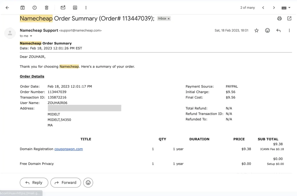 Namecheap order confirmation for the couponswon.com domain bought by mistake in February 2023