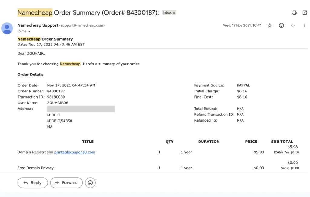 Namecheap order confirmation for the printablecoupons8.com domain registered in November 2021