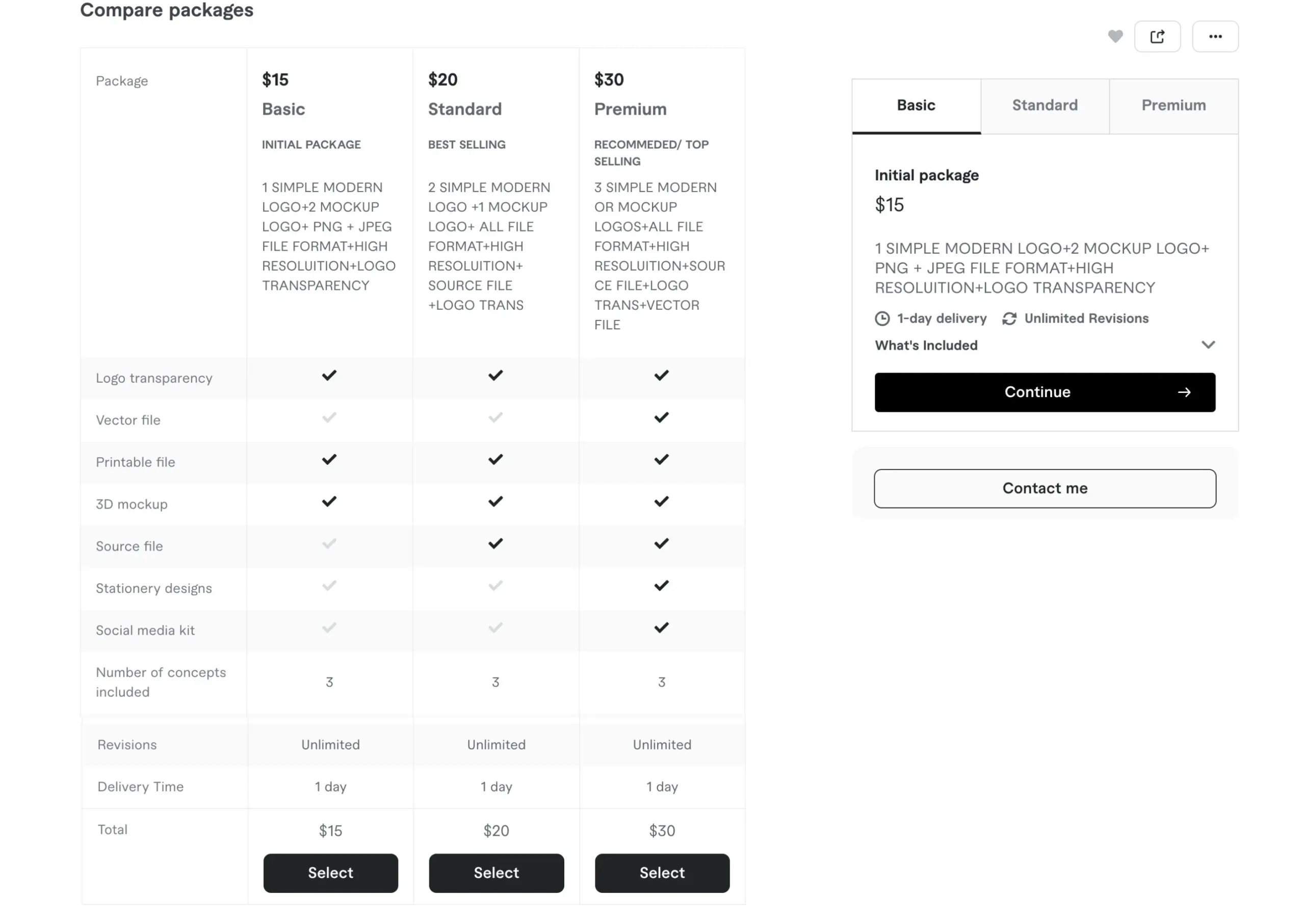 Screenshot of first gig packages