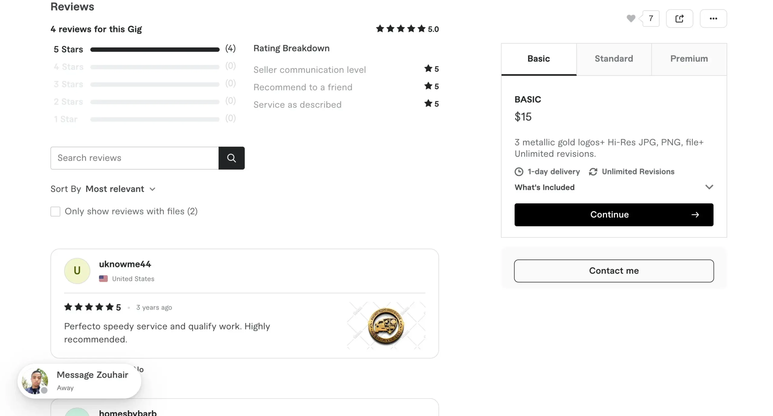 Screenshot of second gig rating and reviews