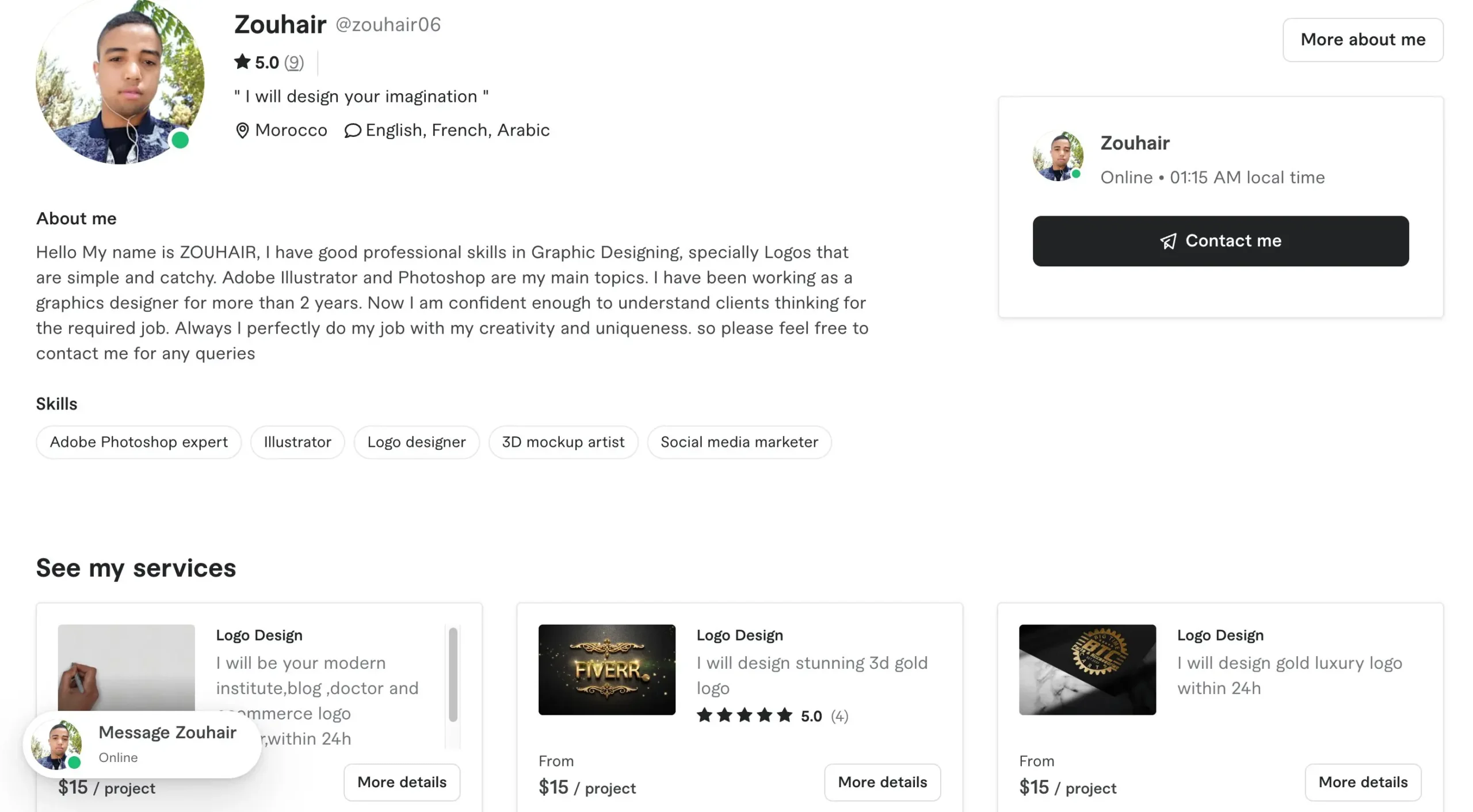 Screenshot of zouhair06 profile on Fiverr