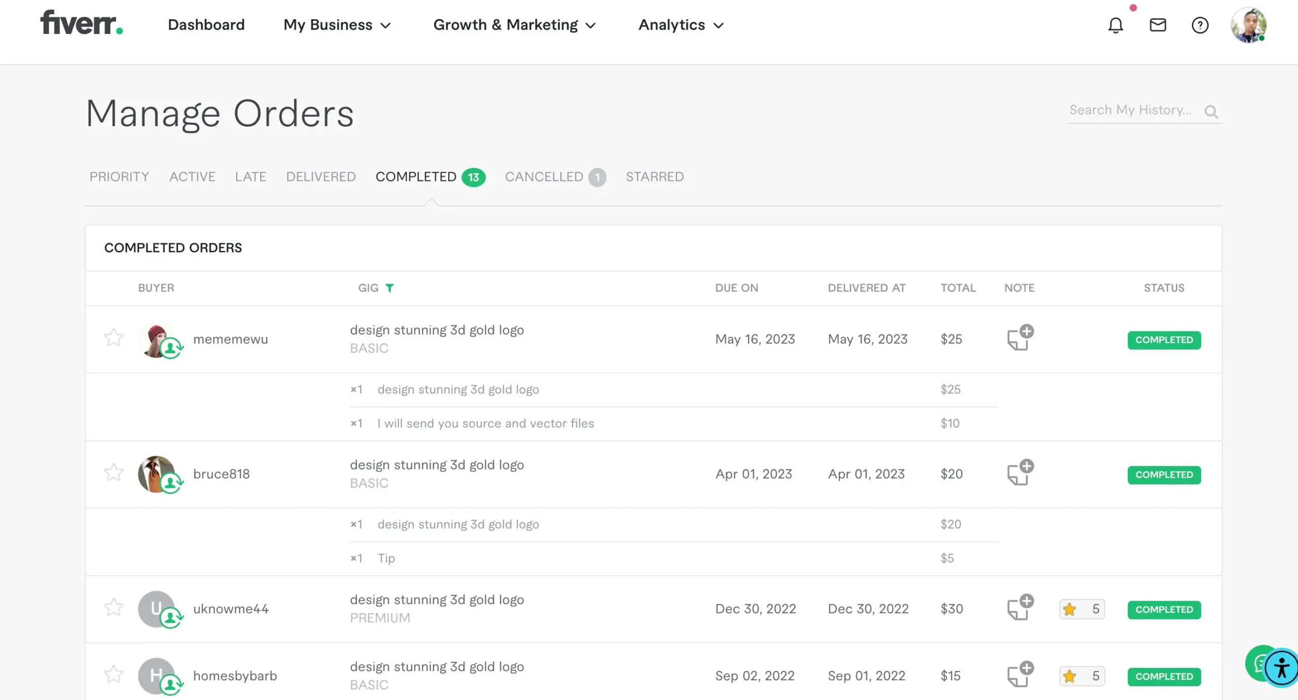 Screenshot of Zouhair's 4 completed orders and 1 cancelled
