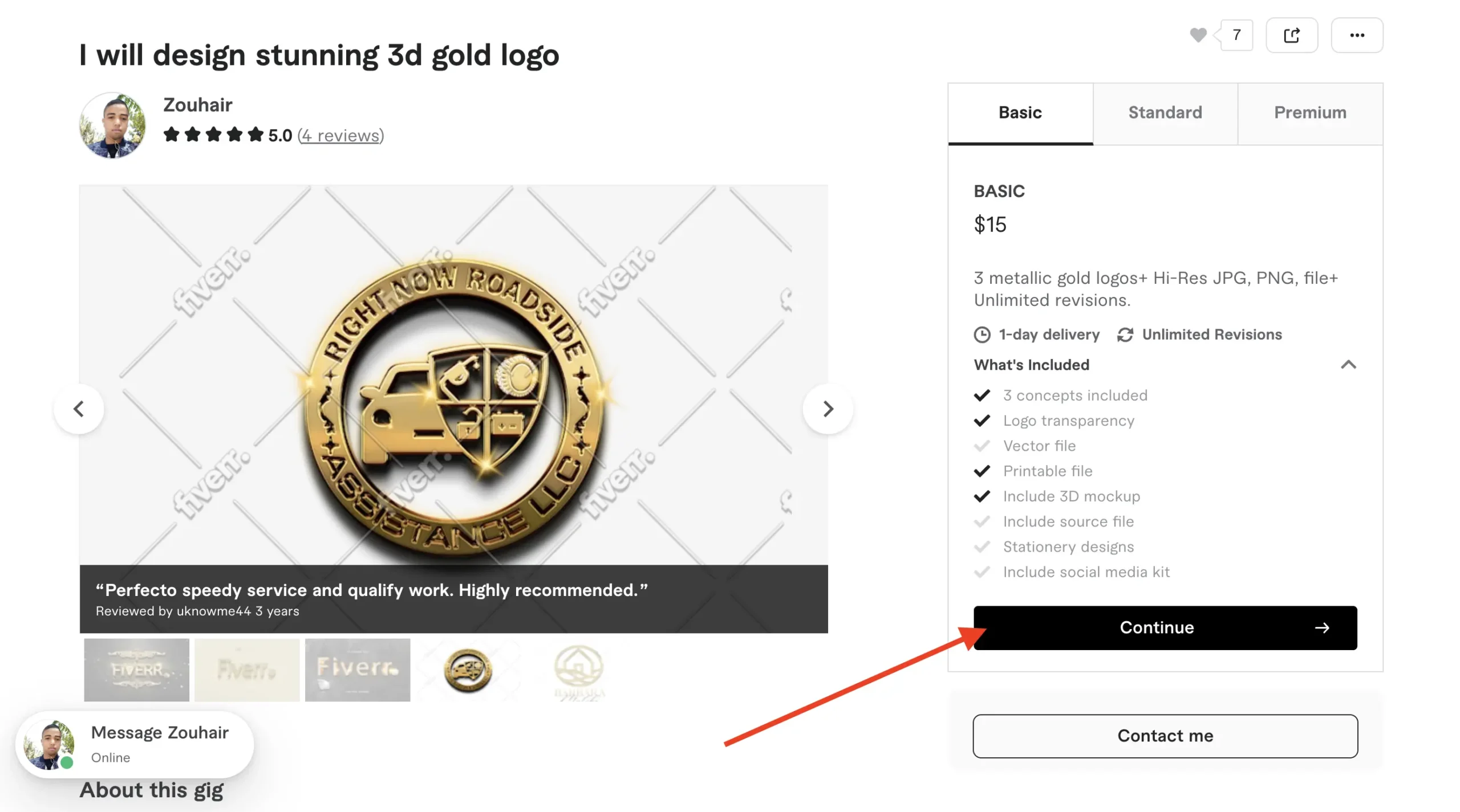 Save 10% Sitewide on Any Fiverr Service 1 Screenshot-of-Zouhair06-active-5-star-Fiverr-logo-design-gig-page-highlighting-where-to-click-Continue.